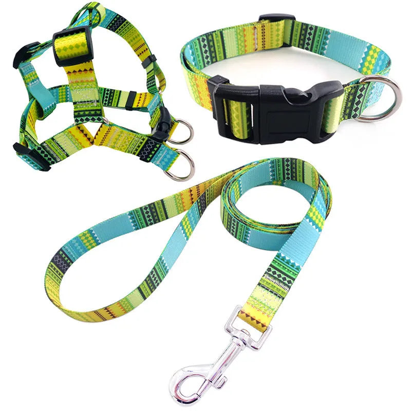 Printed polyester dog walking set with collar, adjustable chest strap and rope leash in multiple colour patterns