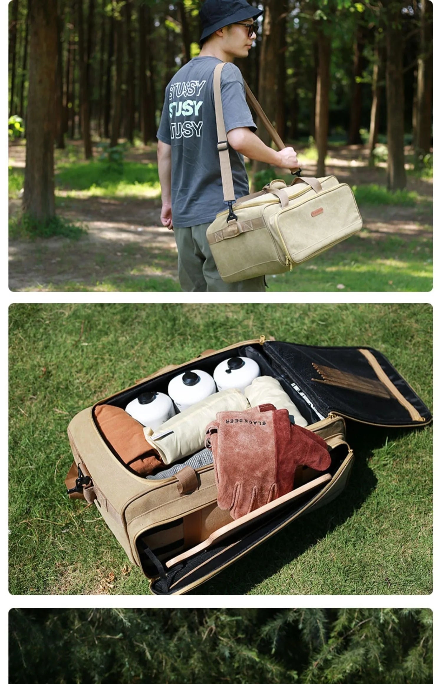 Outdoor camping tableware set with gas stove and cookware in Oxford cloth storage bag for 5-6 people