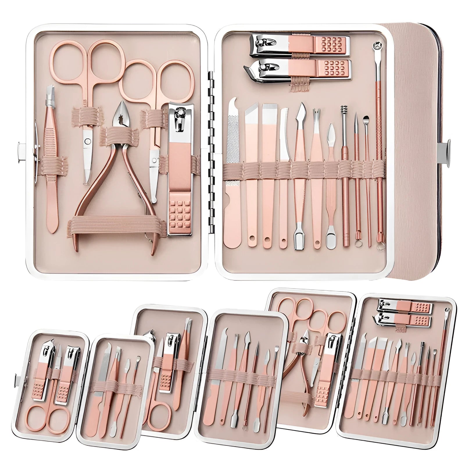 Professional stainless steel nail trimming tool set in black leather case with multiple grooming tools