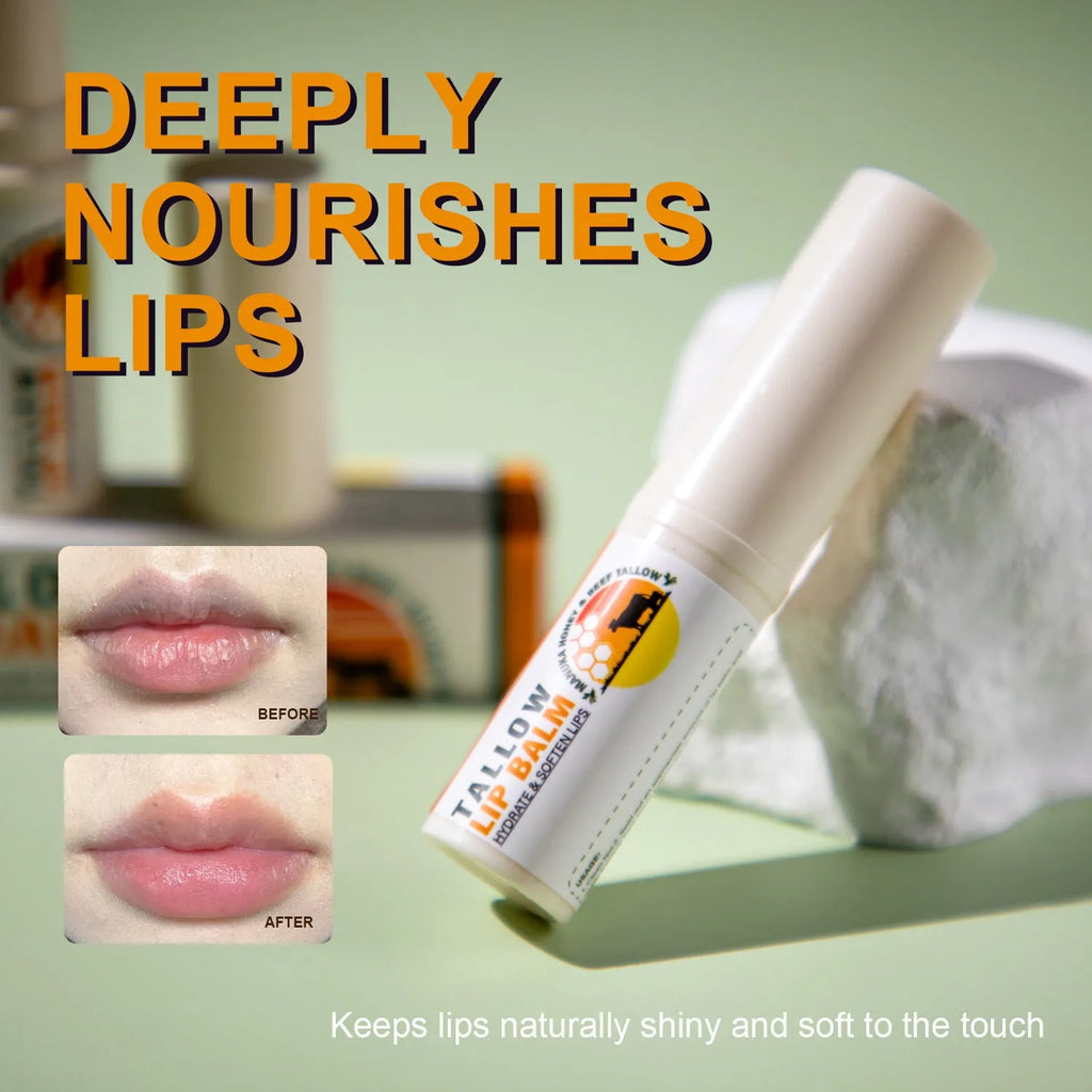 Pure tallow lip balm stick in a tube with dimensions 83mm by 19mm, containing 5g of product.