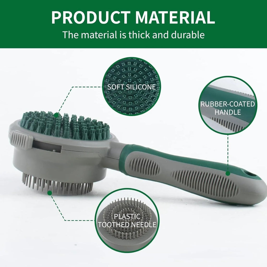 Green and pink two-sided pet brush with retractable slicker brush and silicone octopus-teethed massager
