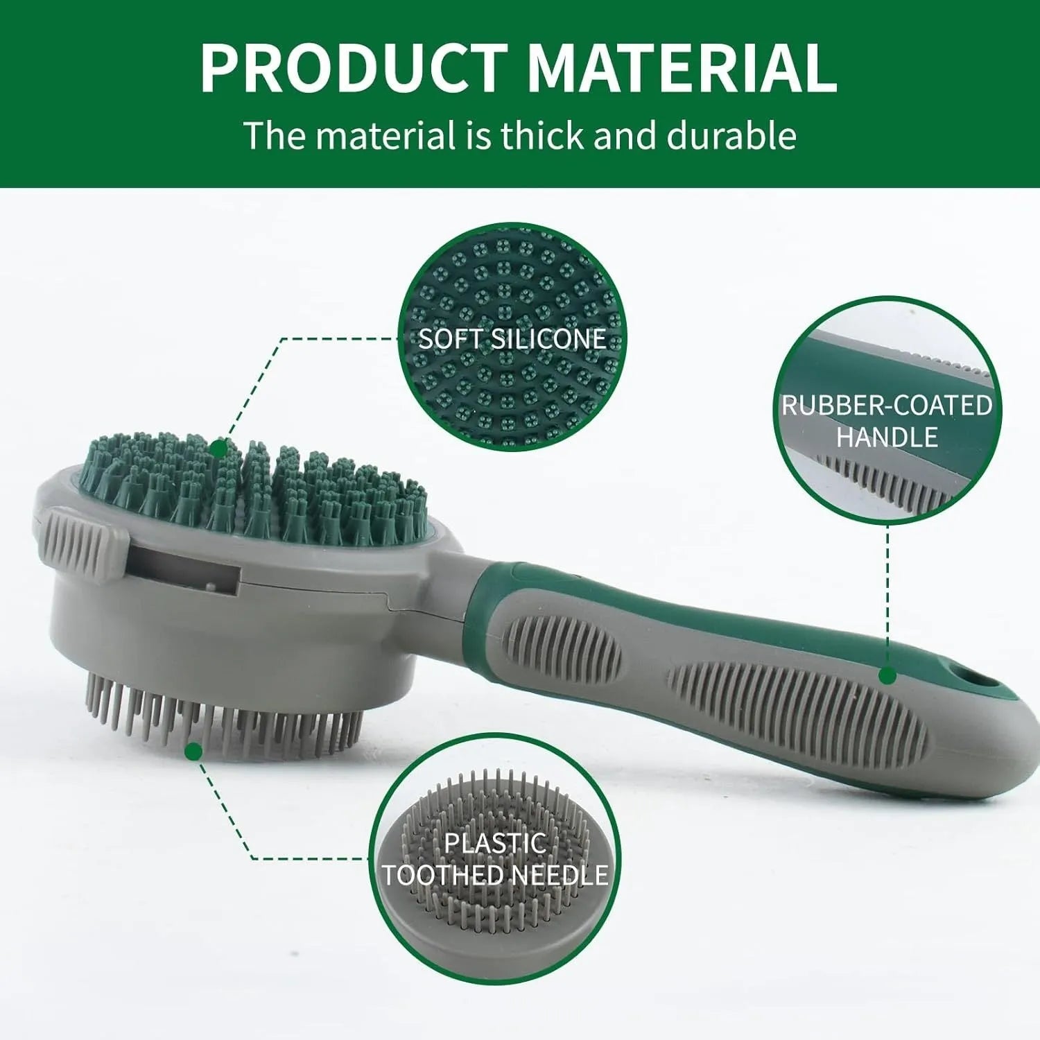 Green and pink two-sided pet brush with retractable slicker brush and silicone octopus-teethed massager