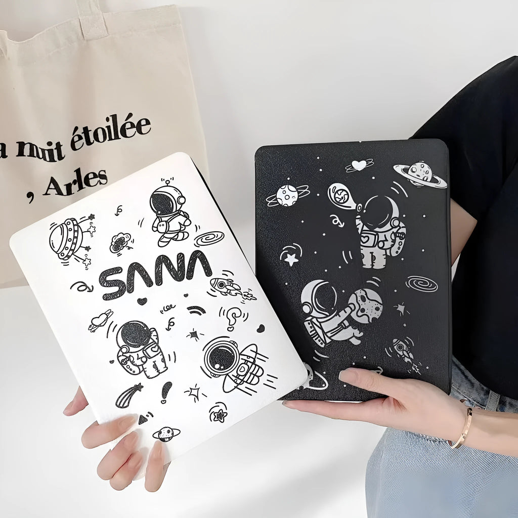 iPad transparent frosted protective cover with clamshell design and pen slot in black and white colour options