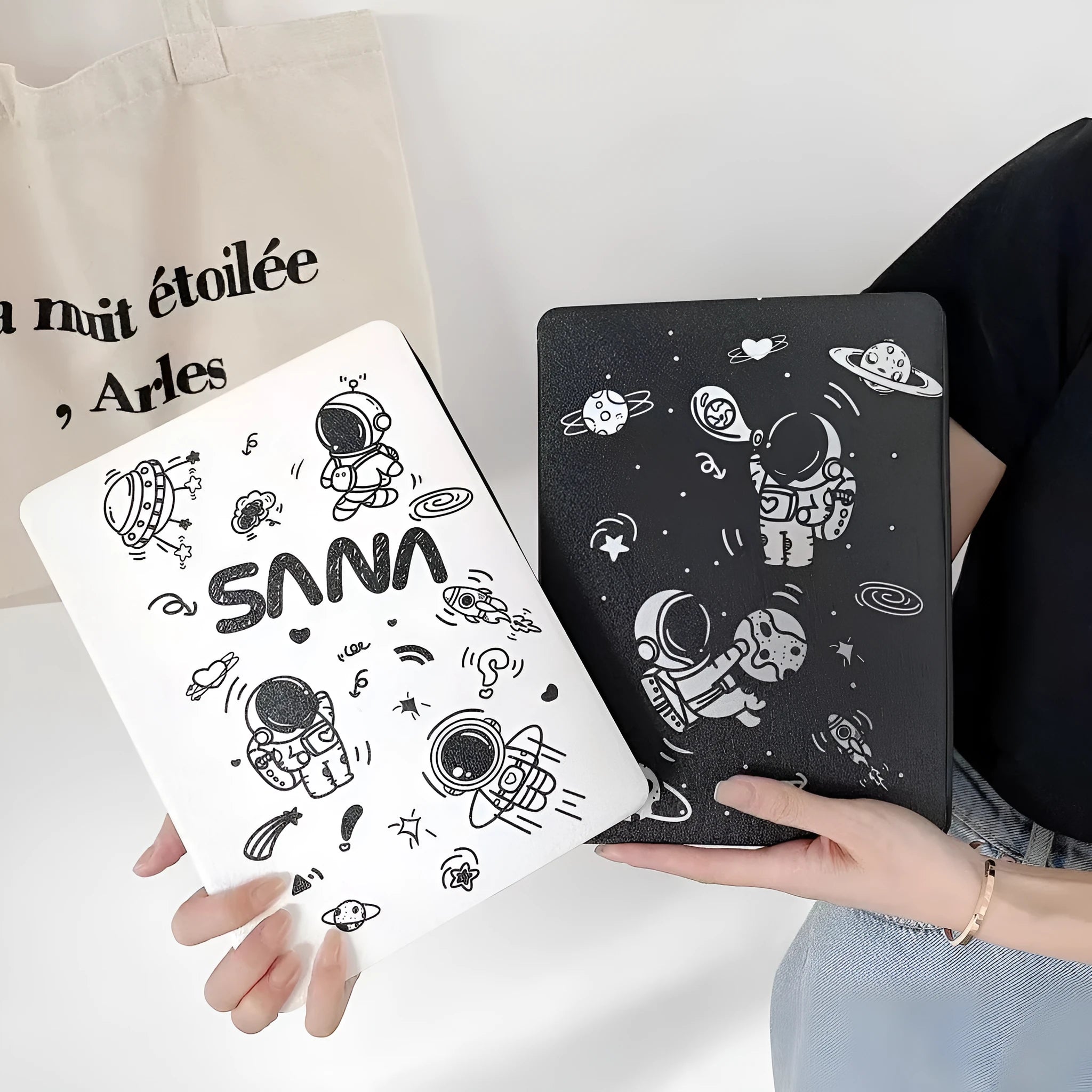 iPad transparent frosted protective cover with clamshell design and pen slot in black and white colour options