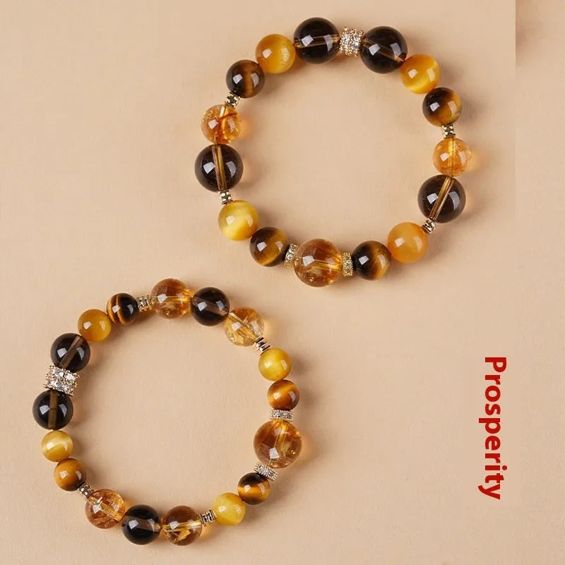 Yellow tower crystal tiger-eye bracelet with jinba geometric design in 10mm or 12mm size