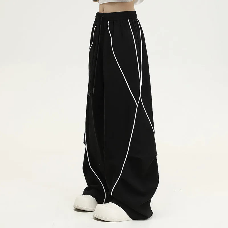 Black striped wide-leg hip hop trousers with elastic mid-waist