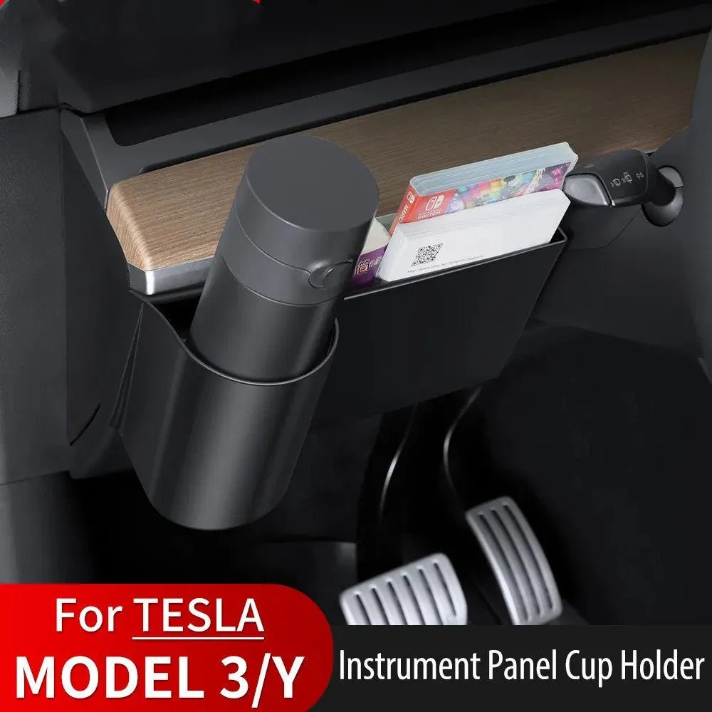Plastic dashboard cup holder with handle for Tesla Model 3 and Model Y.