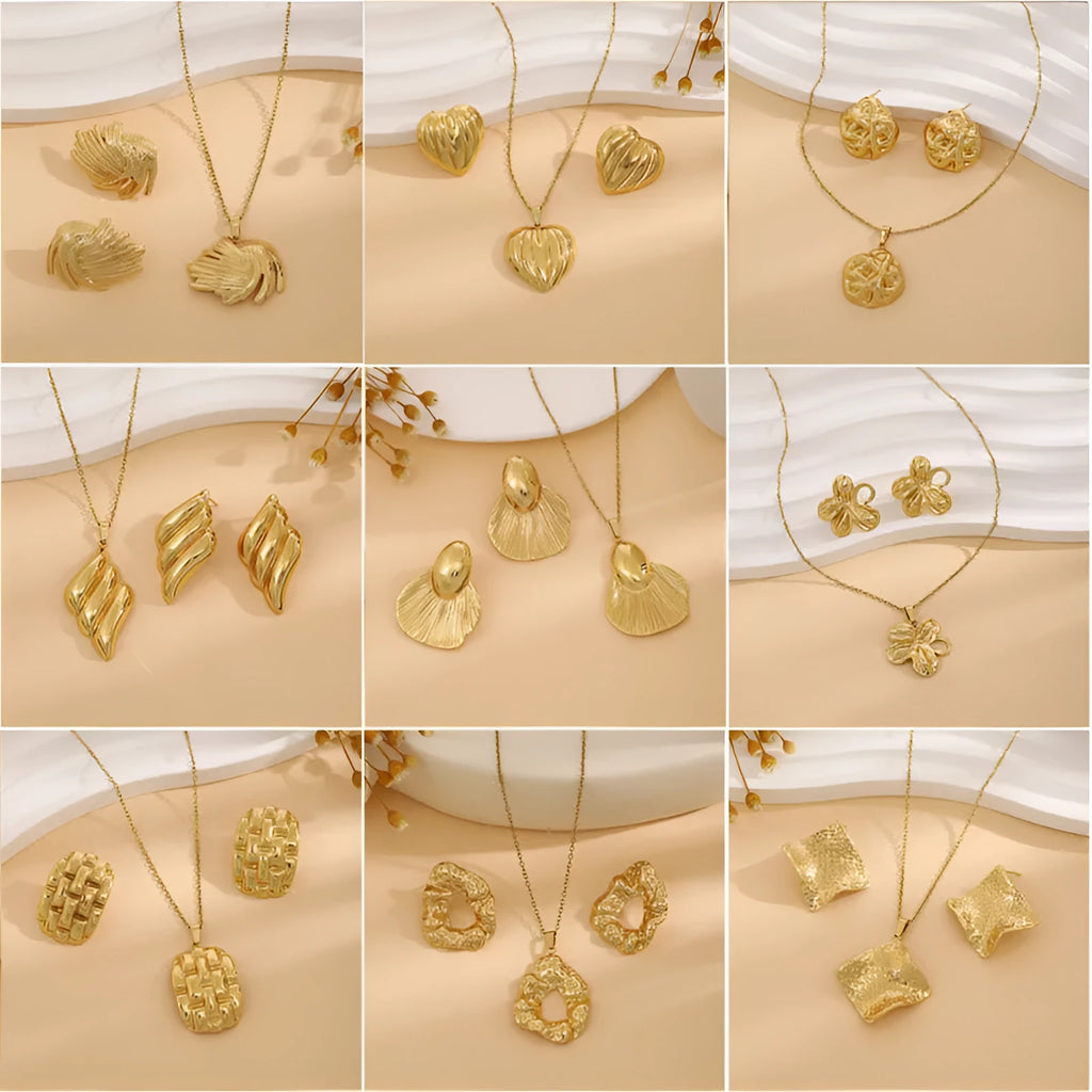 Geometric leaves texture flower love heart earrings and necklace set with stainless steel pendant and regular chain