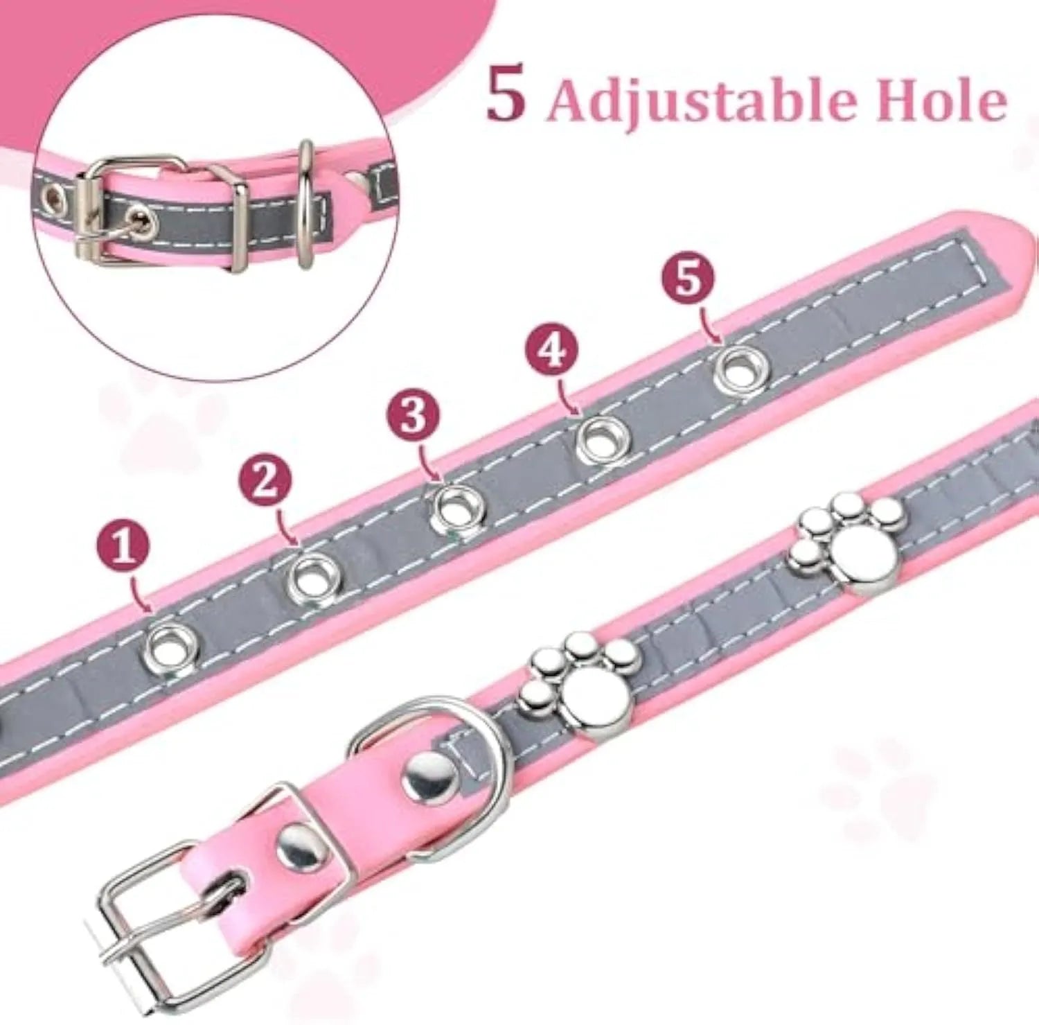 Reflective PU leather dog collar with metal buckle and cute paw rivet, shown in adjustable sizes for dogs.