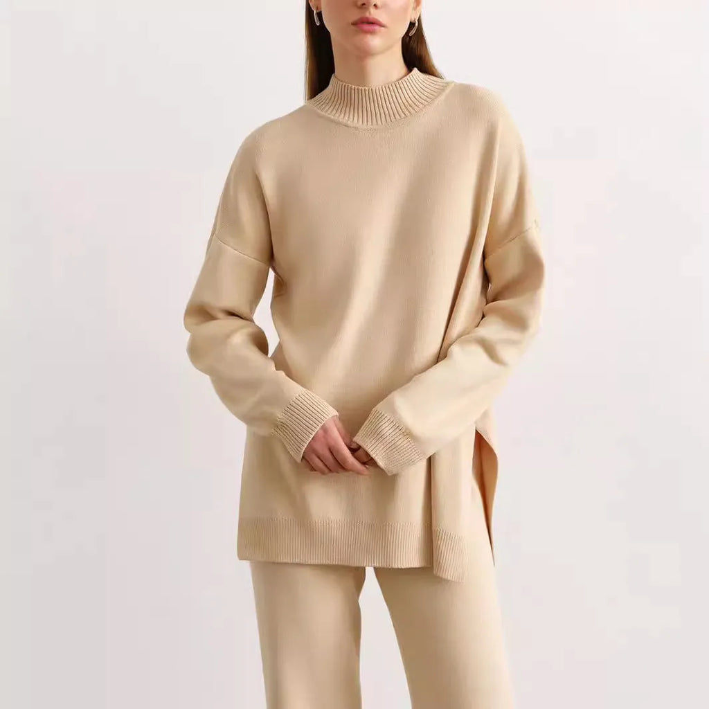 Women's knit sweater suit with turtleneck top and trousers in solid colour, available in green, pink, apricot, white, black