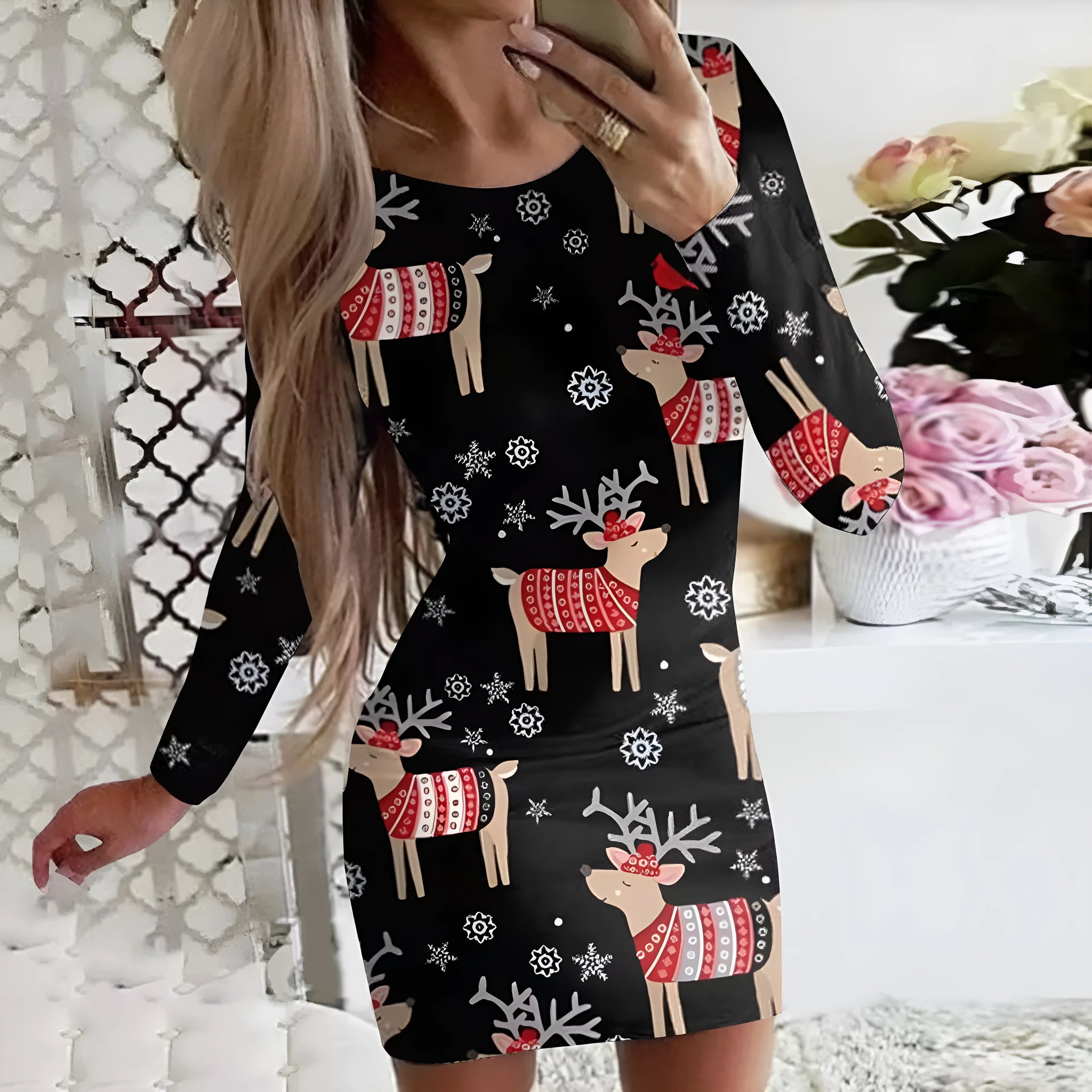Women's tight-fitting Christmas dress with floral print, round neck, long sleeves, and short hip skirt.
