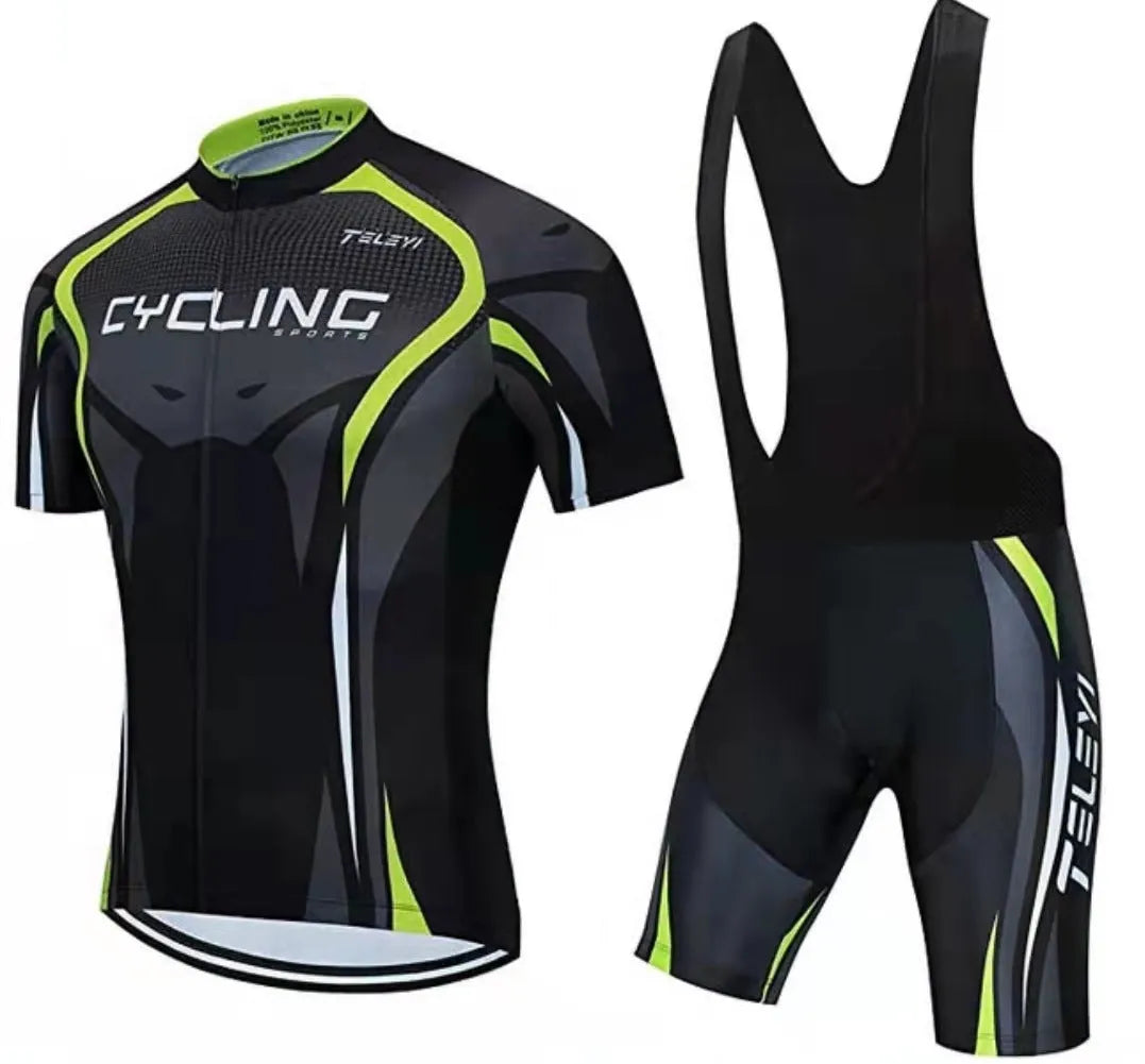 Cycling jersey and matching shorts set for men and women in a multi-colour style.