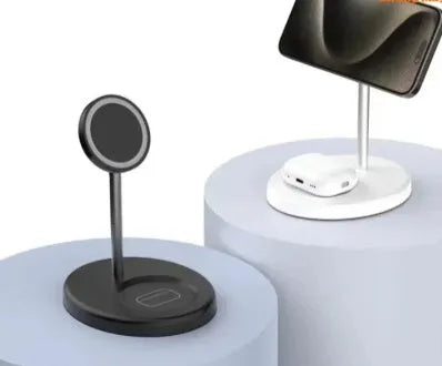 White vertical wireless charger with cooling holes showing smartphone charging at 30W