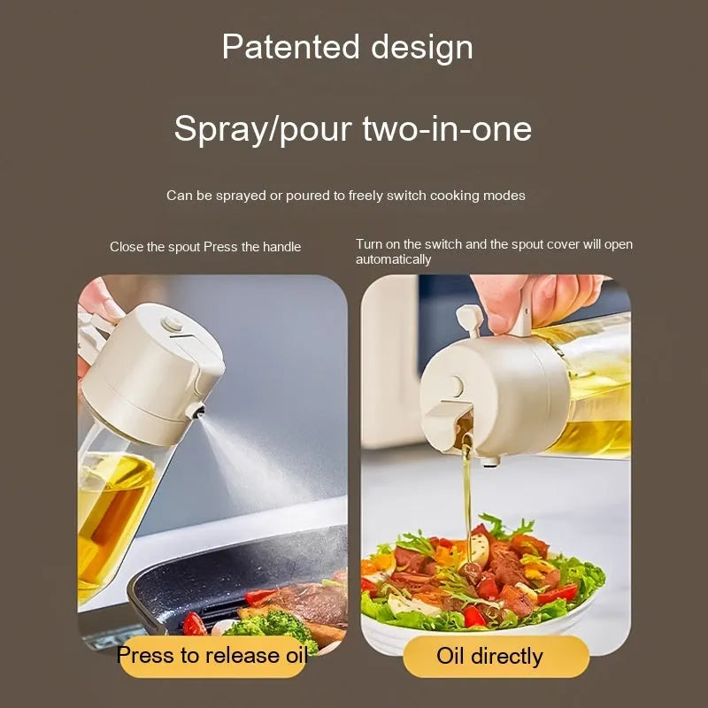 470ml glass oil sprayer and pour bottle in beige, black, green, and yellow colours with ergonomic handle