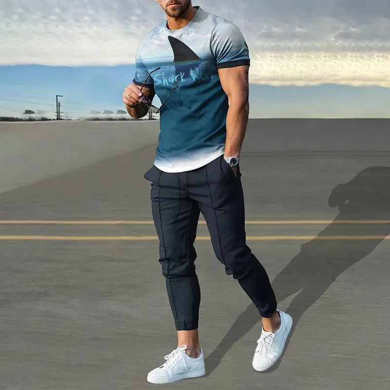 Men's short-sleeved printed pullover and matching trousers set on a hanger