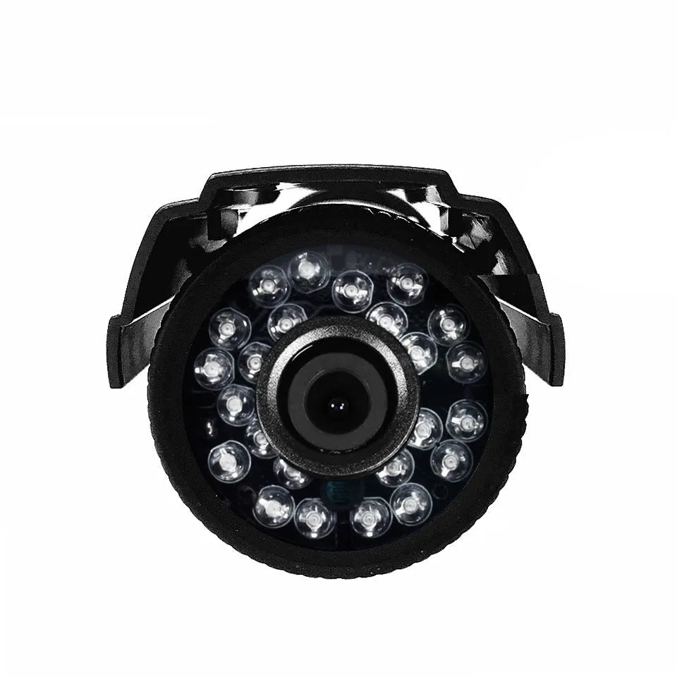 Black AHD HD waterproof outdoor security camera with fixed lens on mounting bracket.