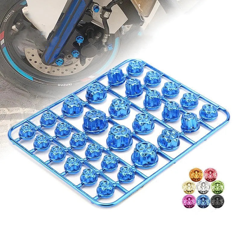 Set of 30 coloured ABS plastic motorcycle screw covers for engine and fairing customisation.