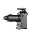 Black car safety hammer with seatbelt cutter and steel window-breaking tip on a light background
