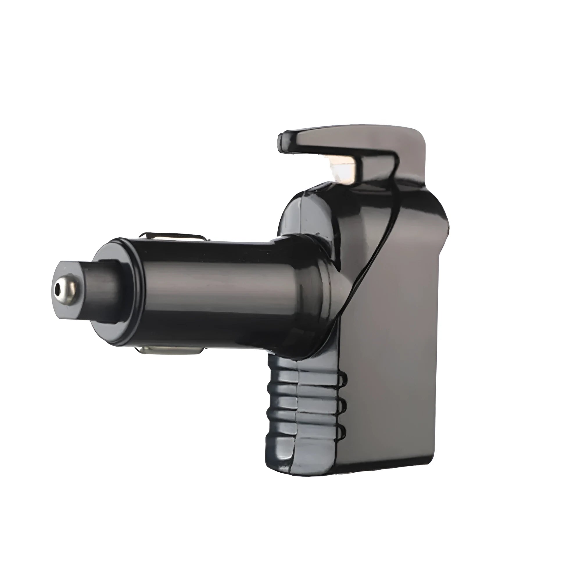 Black car safety hammer with seatbelt cutter and steel window-breaking tip on a light background