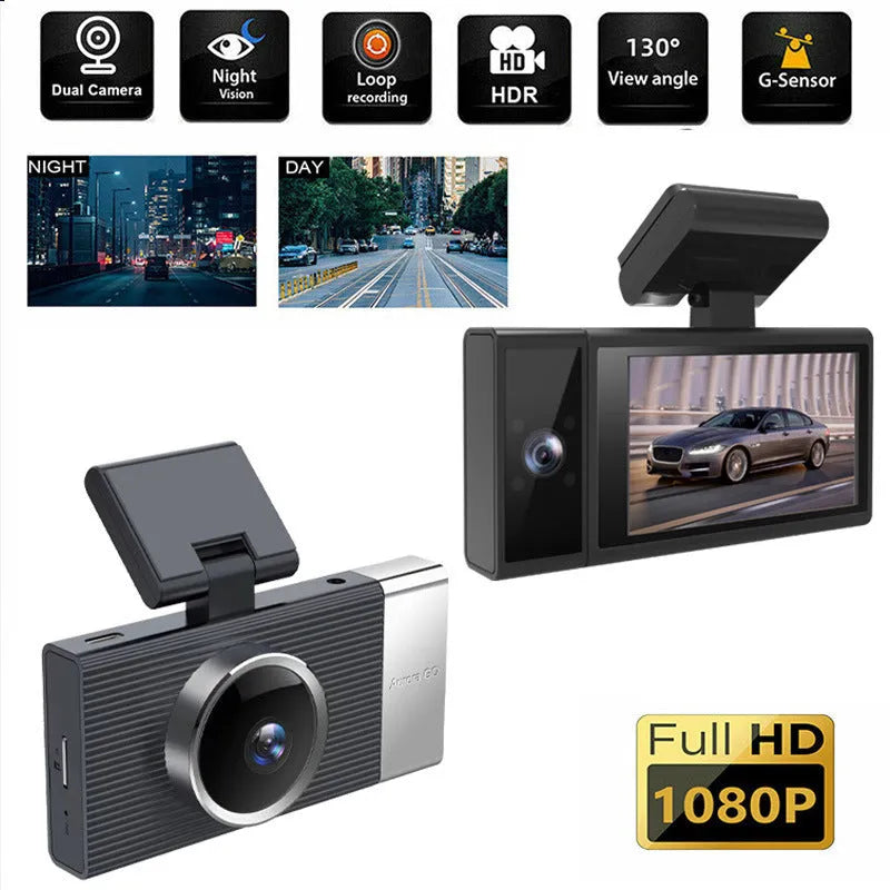 WIFI driving recorder with three lenses, 3-inch screen, and mobile phone app connection