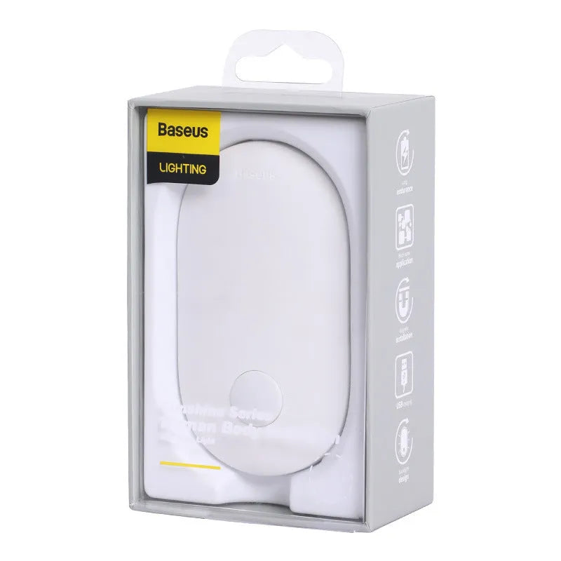 White magnetic human induction night light showing back lighting ring and compact 108x60x22mm size.