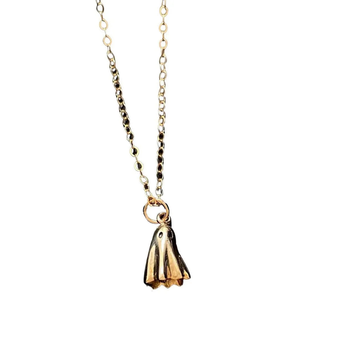 Stainless steel ghost pendant necklace on a twisted chain, showing titanium steel charm.