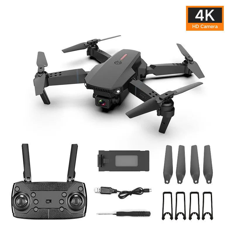 Grey foldable 4K dual camera aerial drone with remote control and carrying case