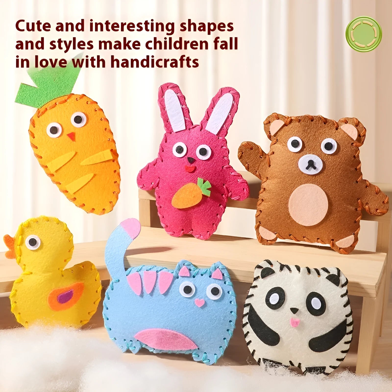 Children's non-woven cloth sewing kit with animal six models, needle, thread, and silver beads in a colour box