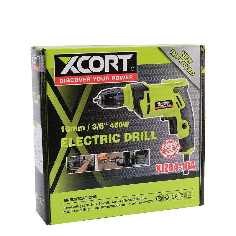 450W pistol grip electric drill power tool with a 10mm chuck on a workbench.