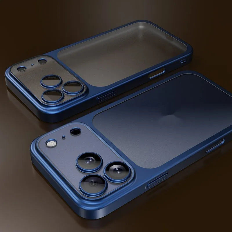 Frosted electroplating iPhone 17 phone case in desert gold colour showing full-coverage design.