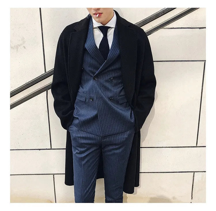 Men's three-piece suit set in slim fit with jacket, vest, and trousers in black