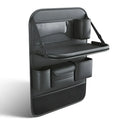 Black PU leather car seat storage bag with foldable table tray attached to a car back seat