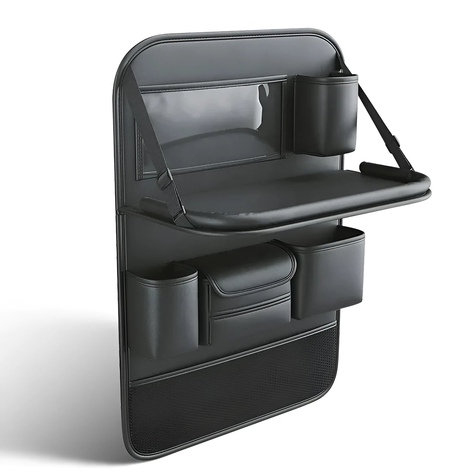 Black PU leather car seat storage bag with foldable table tray attached to a car back seat