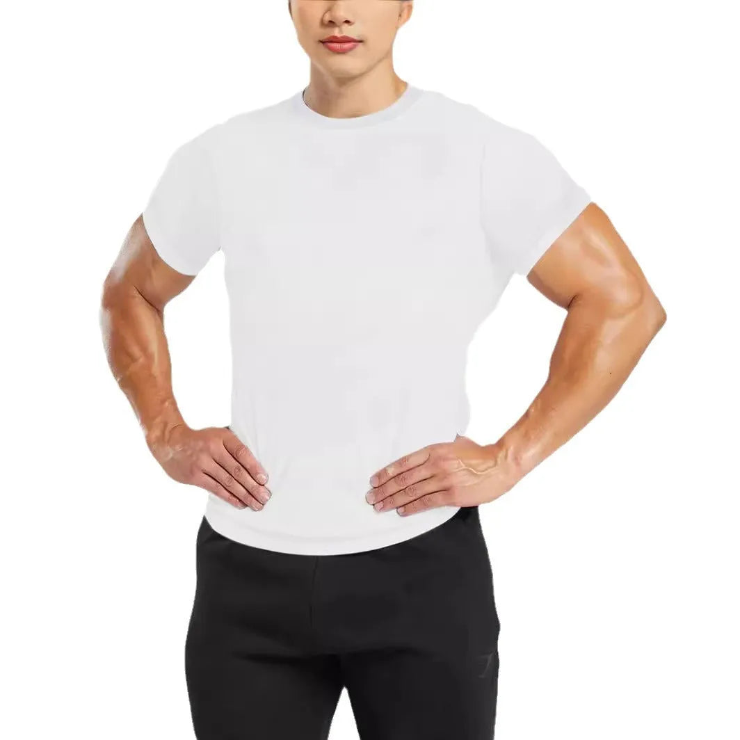 Men's quick-dry round neck short-sleeved T-shirt with polka dot pattern in blue, slim fit polyester fabric