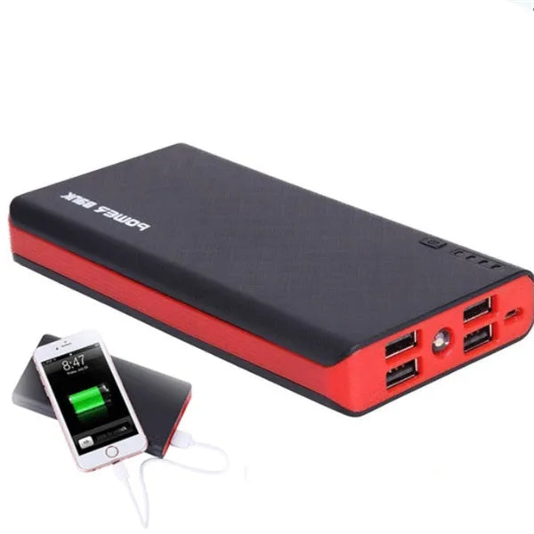 Blue 20000mAh power bank with 4U fast charging, showing dimensions and output port.