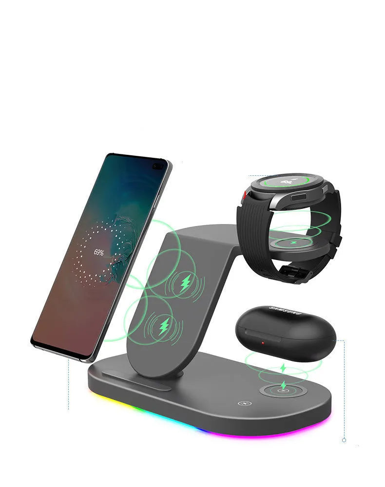 Three-in-one fast wireless charging station for mobile phones, smartwatches, and headphones in black or white