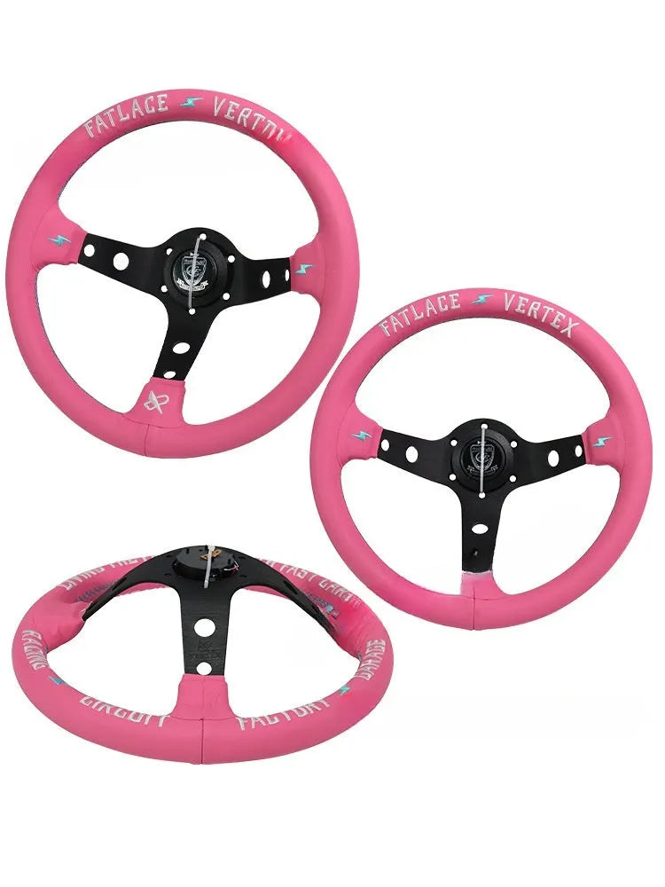 Pink leather steering wheel cover with embroidery, showing aluminium bracket and 13-inch size.