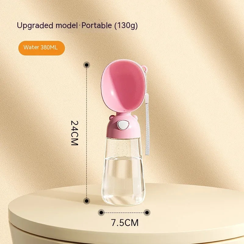 Portable dog water bottle and feeder bowl for outdoor travel in yellow, pink, or brown.