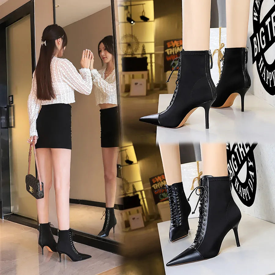 Black women's stiletto heel boots with pointed toe, back zipper, and 6-8CM heel, solid colour