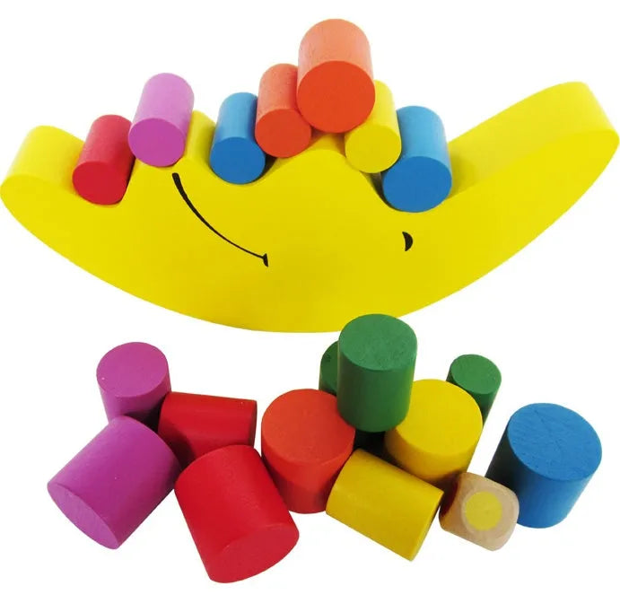 Wooden moon balance game with yellow and blue pieces for children 2-4 years old