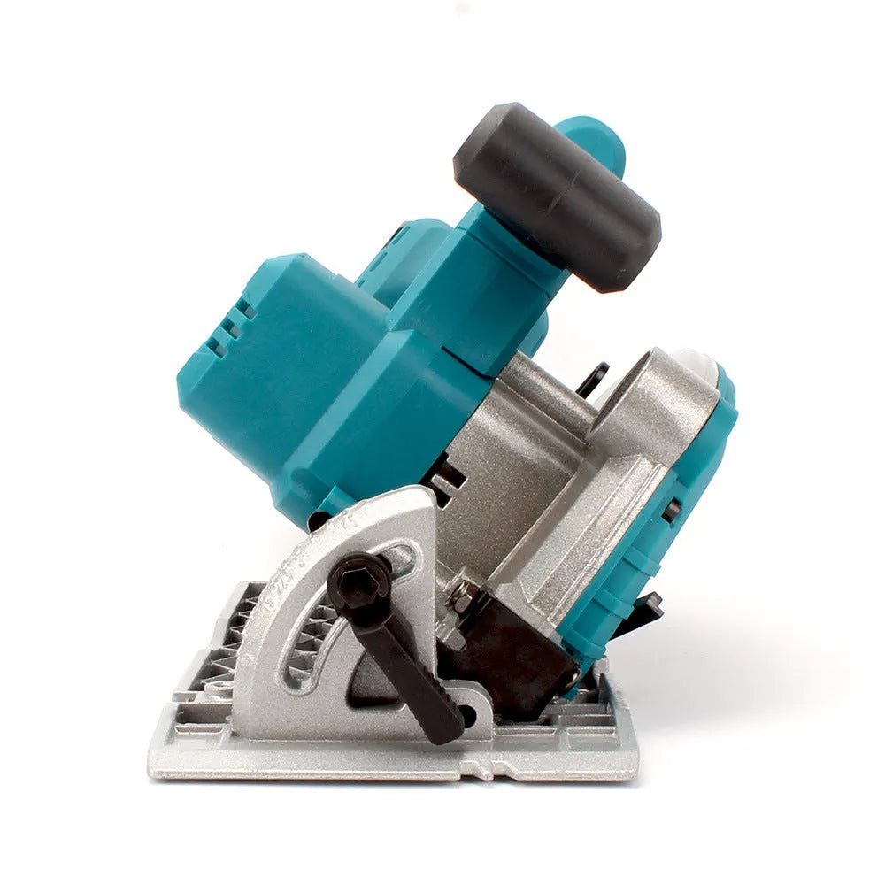 Lithium battery 7-inch electric circular saw with two batteries and charger on wooden workbench