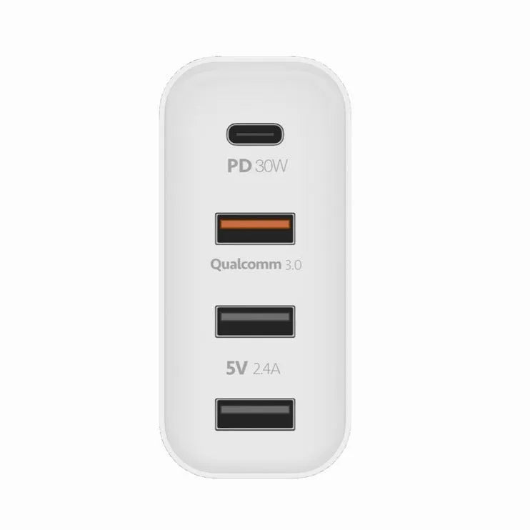 Black 48W USB-C four-port fast wall charger with UK plug on a wooden surface