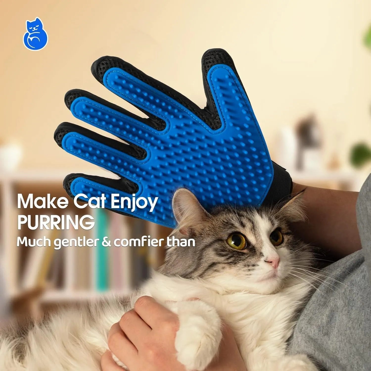 Blue pet grooming glove with silicone tips for shedding removal and gentle massage.