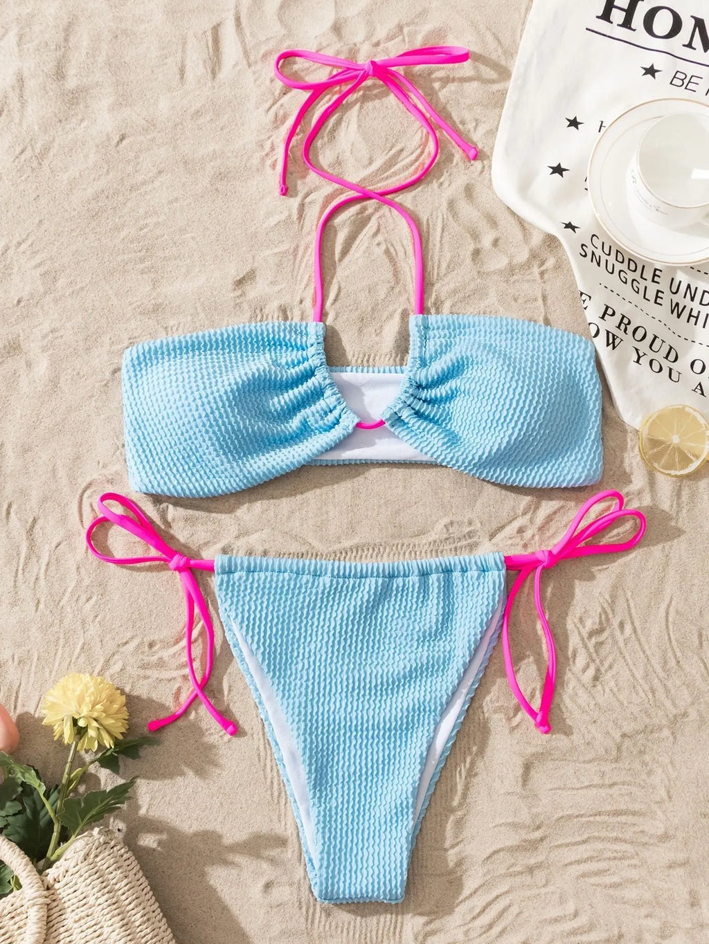 Solid colour women's halter lace-up swimsuit set with separated top and pants in polyester fabric