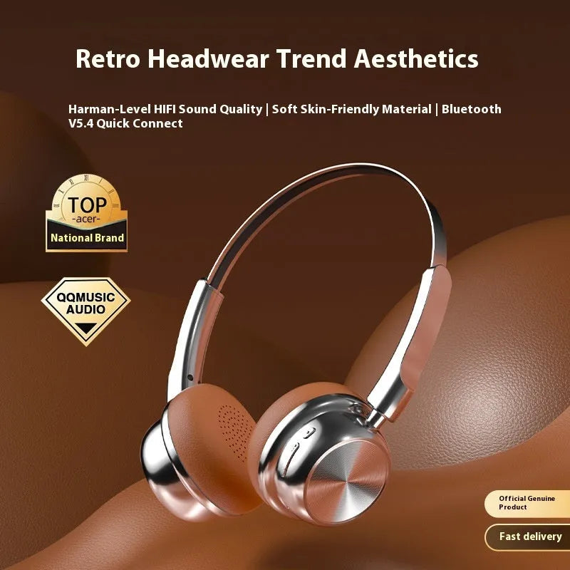 Retro metal Bluetooth headset in Silver Brown with over-ear design and 10-metre range