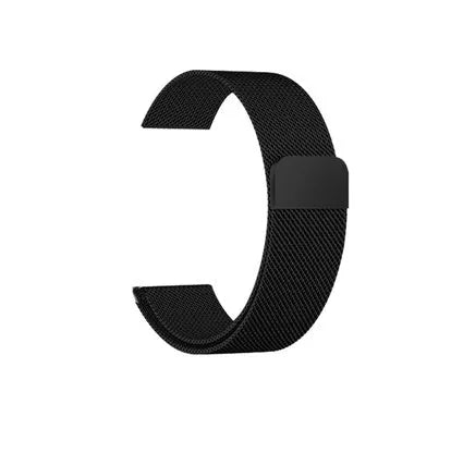 Stainless steel watch strap in silver, shown next to black, gold, and rose gold colour options.