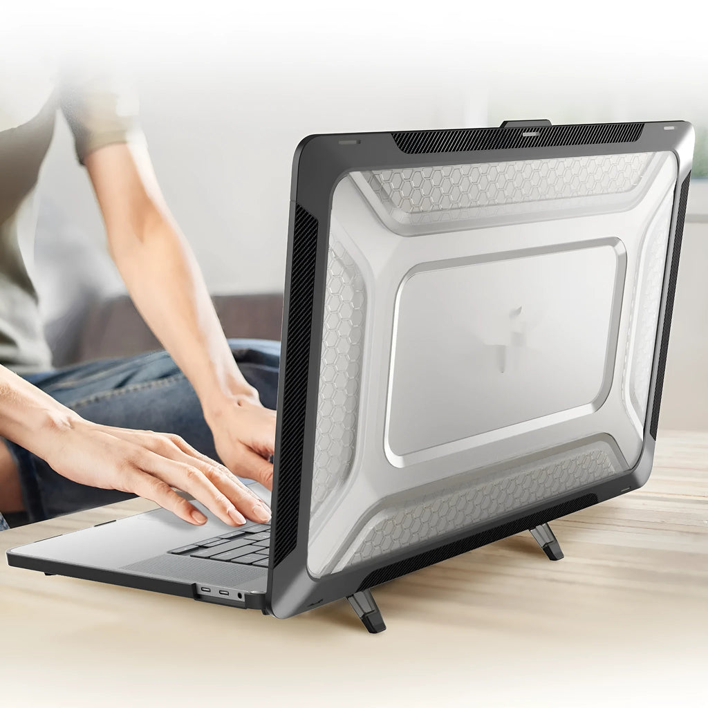 MacBook laptop protective hard shell case shown in cool black, starry sky grey, elegant apricot, and sapphire blue colour options.