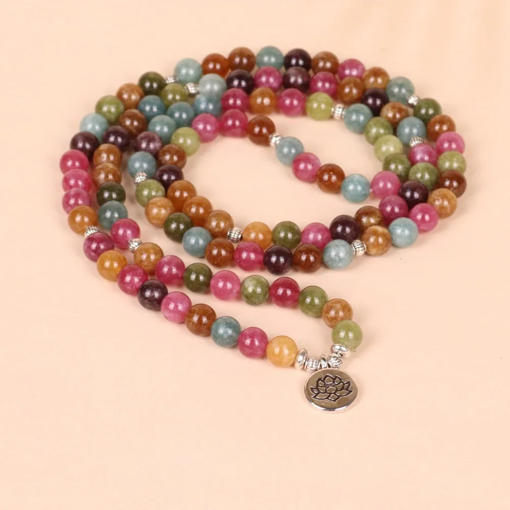 108-bead multi-layer bracelet with tourmaline stones and lotus charm on alloy chain
