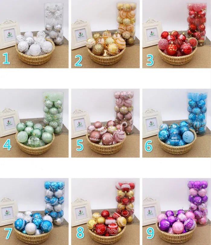 Set of 6cm round PVC Christmas baubles in various painted colours including red, gold, blue, and purple.