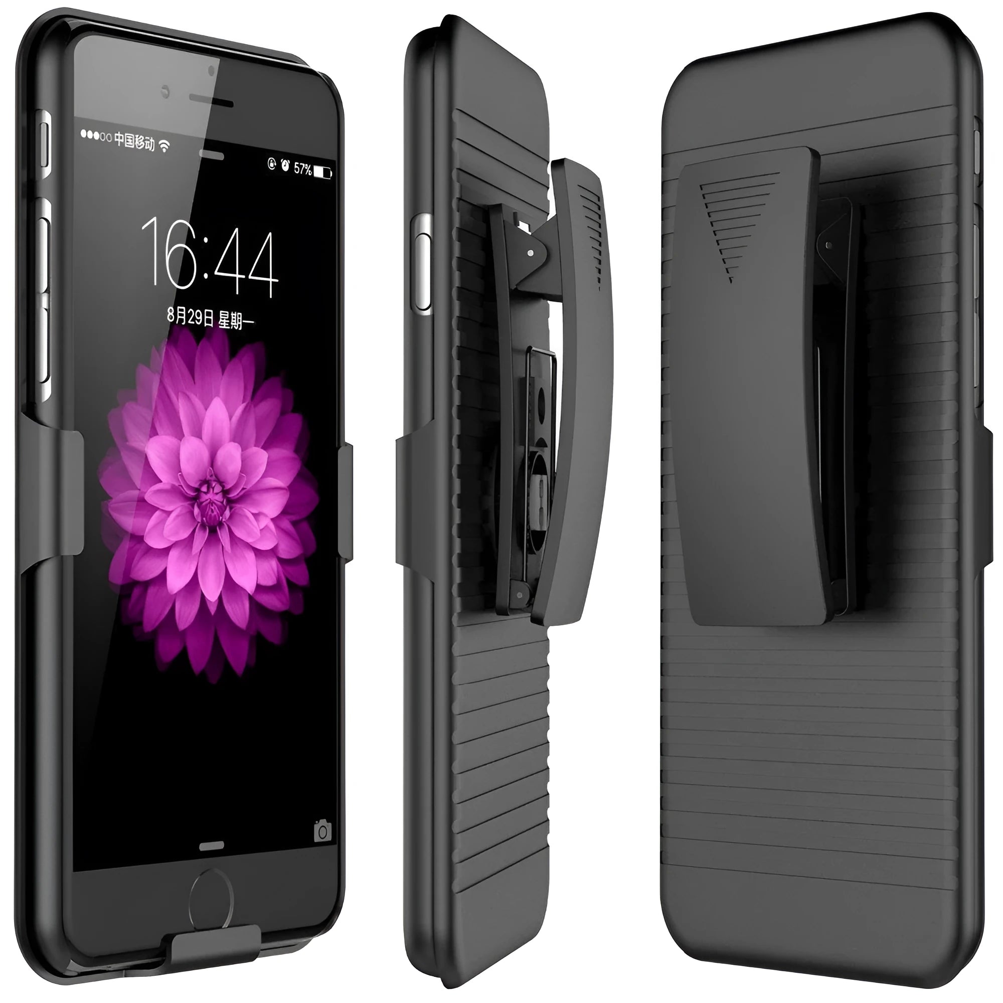 Black plastic back slide sleeve phone case with belt clip and striped design for iPhone